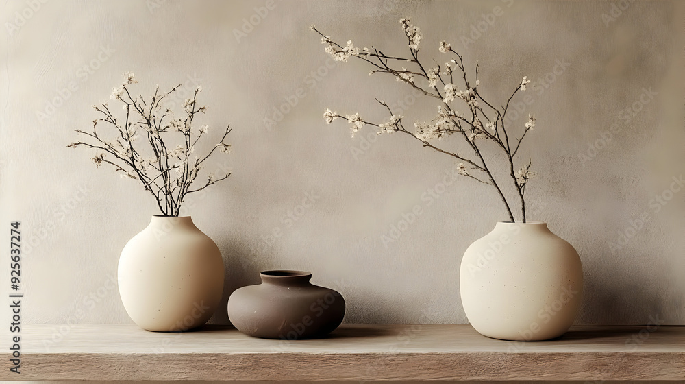 Minimalist display of vases with branches on a neutral background. Minimalist display of vases with branches on a neutral background.