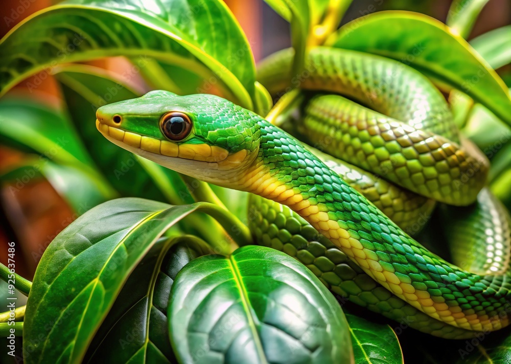 Fototapeta premium A slender green snake slithers through the dense foliage of a lush, vibrant houseplant, its leaves a contrasting mix of emerald and golden hues.