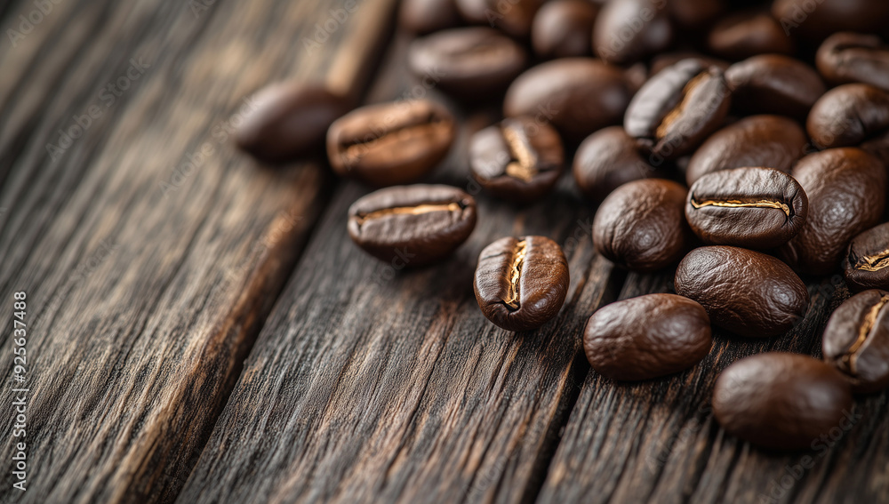Macro shot of roasted coffee beans on textured wooden surface.