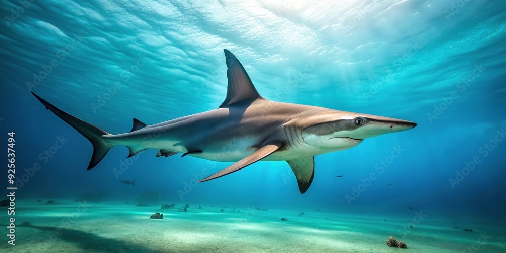 Fototapeta premium A sleek gray hammerhead shark swims vertically through turquoise Caribbean waters, its distinctive head shape slicing through the calm surface with powerful fins.