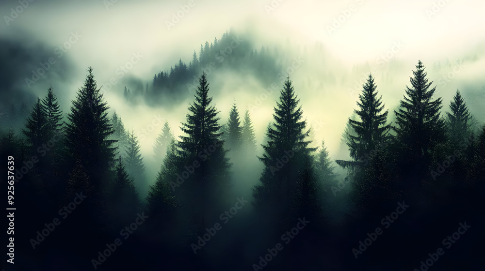 Misty forest landscape with dense evergreen trees and fog. Misty forest landscape with dense evergreen trees and fog.