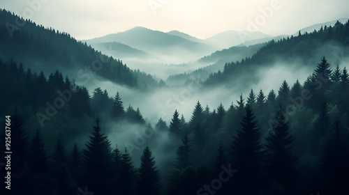 Misty forest landscape with mountains in the background.