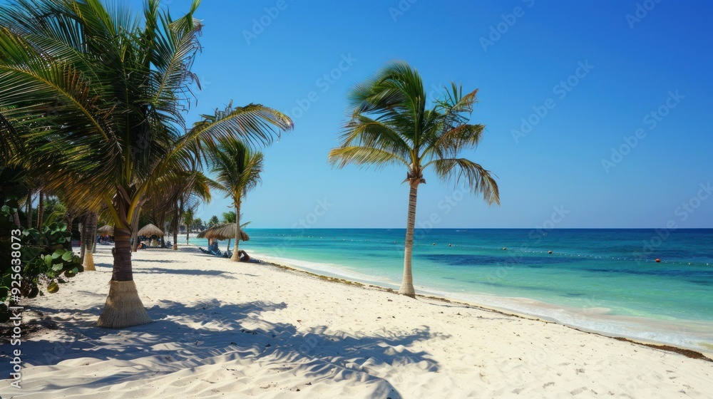 Palm trees on a white sand beach with blue sky and turquoise ocean Palm trees on a white sand beach with blue sky and turquoise ocean