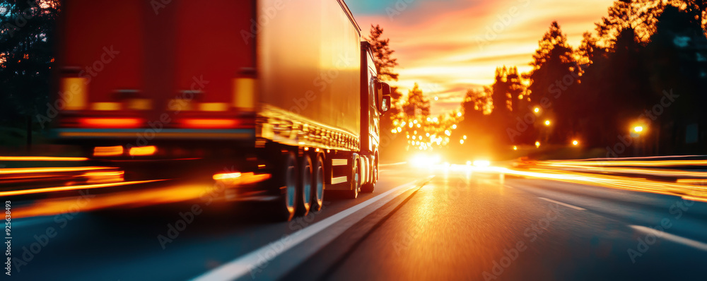 A truck speeds down the highway at sunset, with blurred motion and vibrant colors highlighting the transport and travel concept. A truck speeds down the highway at sunset, with blurred motion and vibrant colors highlighting the transport and travel concept.