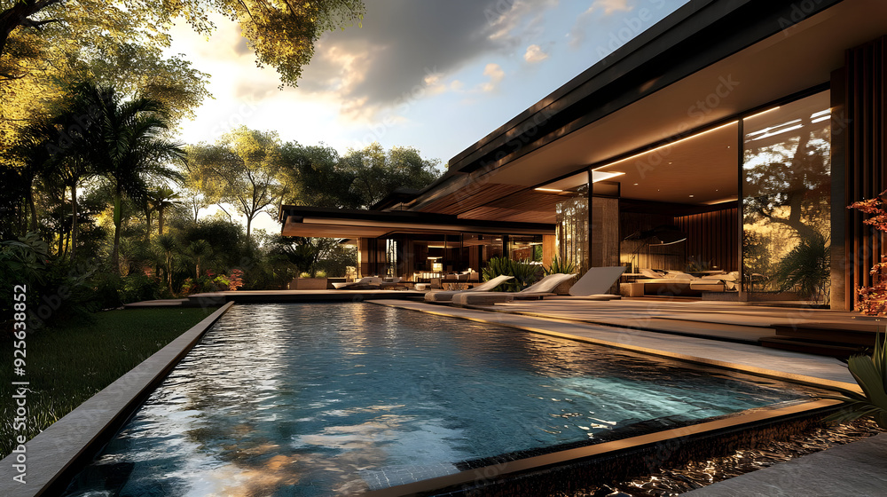 Obraz premium Modern villa with a pool surrounded by lush greenery at sunset.