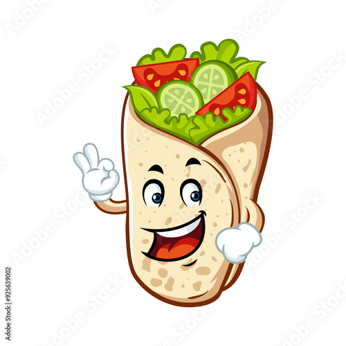 Funny cartoon illustration of a happy shawarma wrap with a face giving the okay sign.