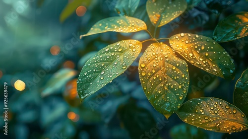 Wet jungle leaves glisten in the night, reflecting moonlight and dewdrops. The lush foliage creates a vibrant and refreshing natural scene in the garden.