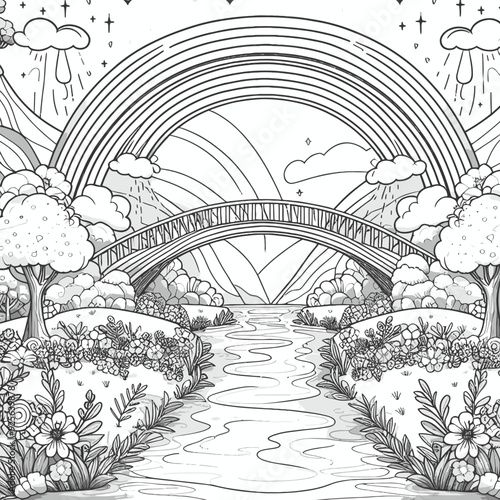 Wallpaper Mural A bridge made of rainbows arching over a river, with colorful trees and flowers coloring page vector Torontodigital.ca