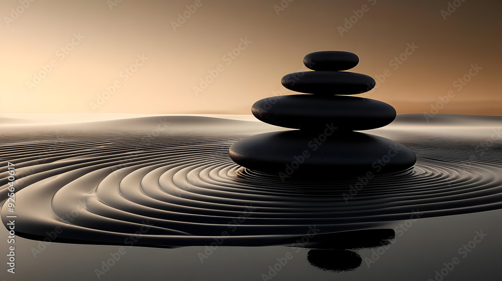 Fototapeta premium Serene landscape with stacked stones and rippling sand.