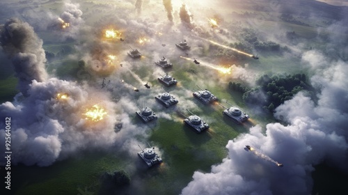 Military Tanks Battle in Smoke and Fire