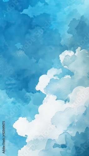 A playful watercolor background for children's books, featuring a bright blue sky adorned with fluffy, whimsical clouds. Perfect for engaging and imaginative storytelling.