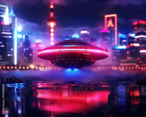 Alien craft landing in a futuristic cityscape, creating a sense of extraterrestrial wonder and mystery, SciFi, Neon, Highdetail