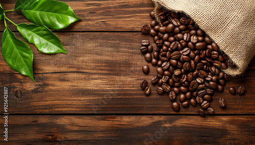 Coffee beans spilling from burlap sack with green leaves on rustic wooden background.