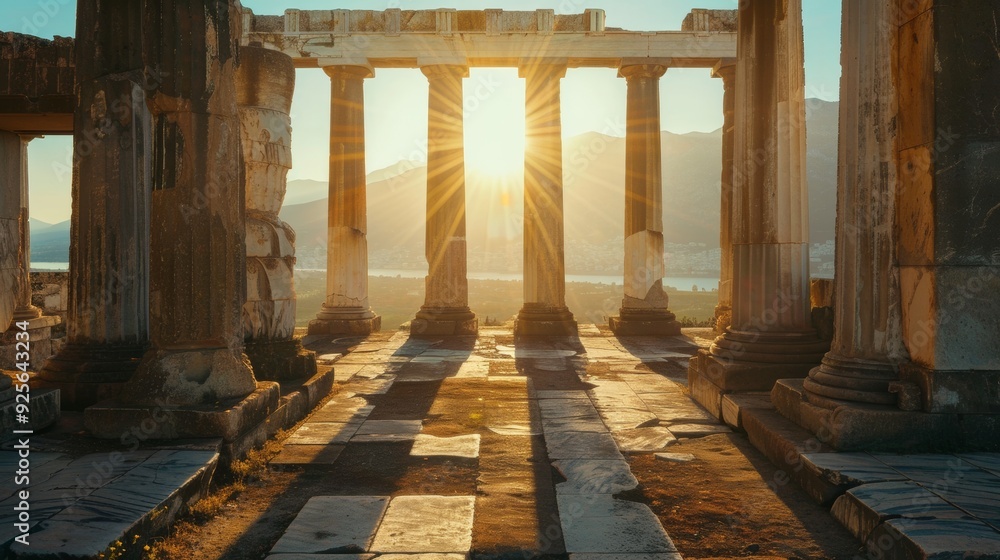 Fototapeta premium Roman columns of an ancient building in a sunrise