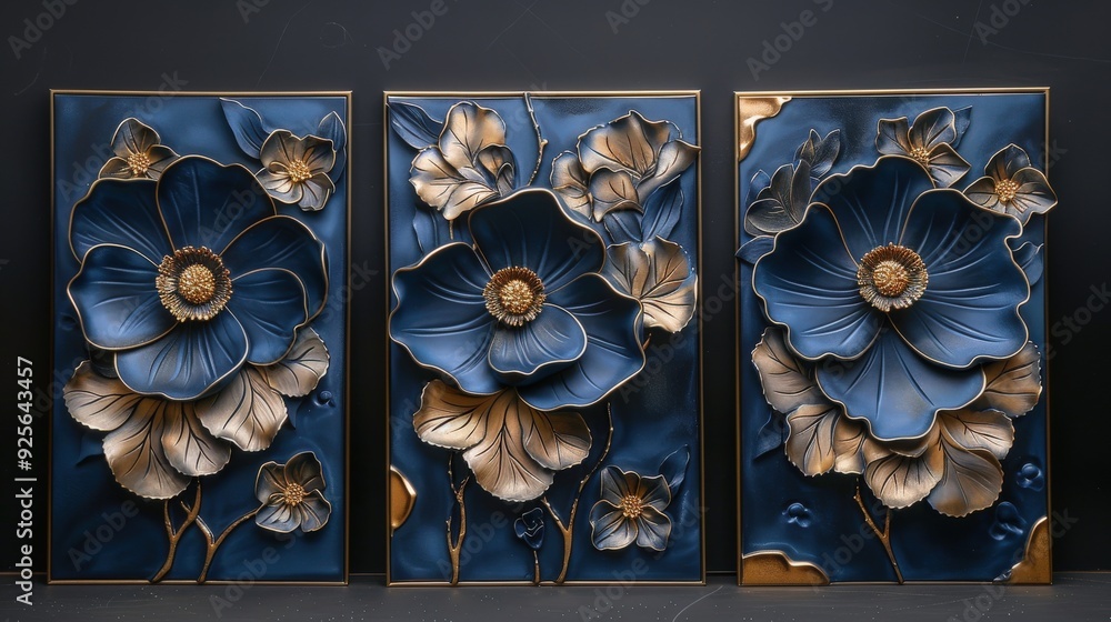 Generate an image of three modern 3D floral wall art panels with blue ...