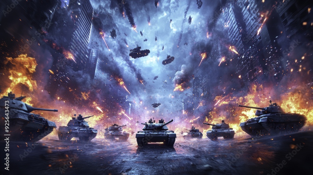Tanks in Fiery Cityscape - War, Battle, Explosion Tanks in Fiery Cityscape - War, Battle, Explosion