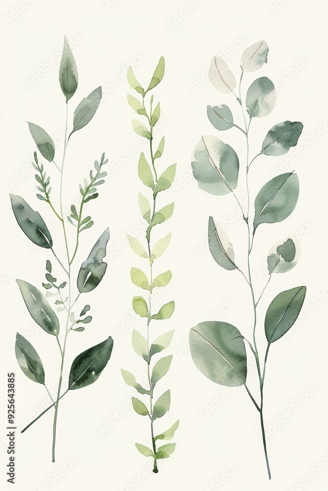 Fototapeta premium Watercolor botanical illustration of three leaf sprigs on white background nature concept