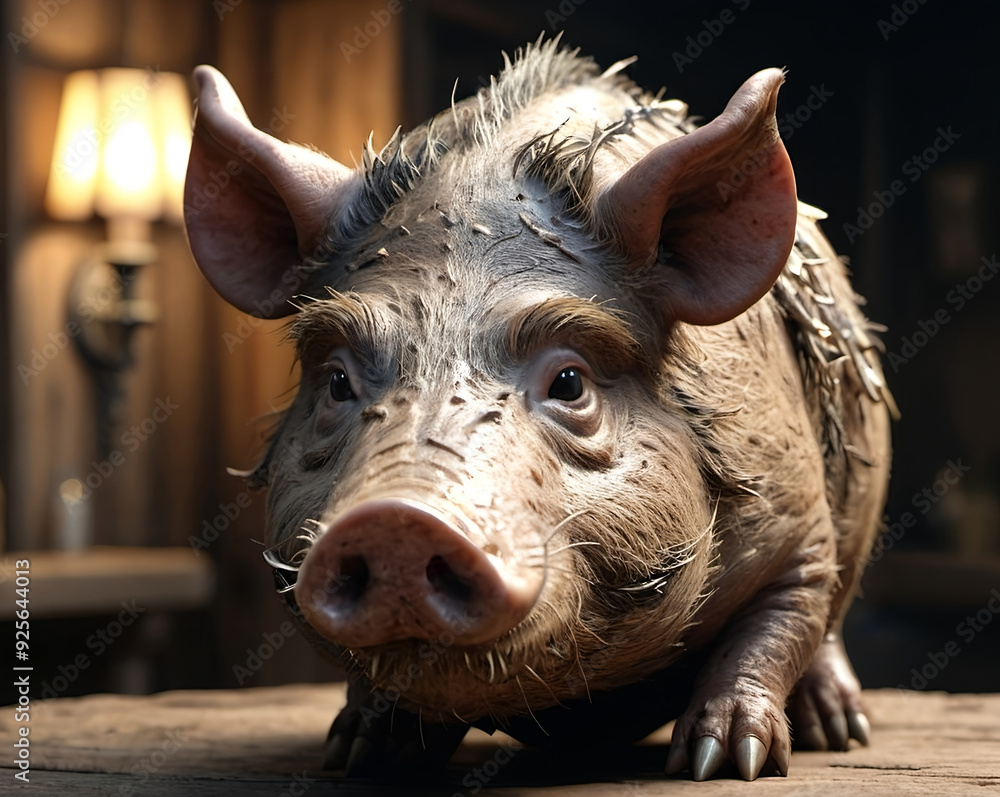 Boar/ adult pig standing in dark room with a lamp. Boar/ adult pig standing in dark room with a lamp.