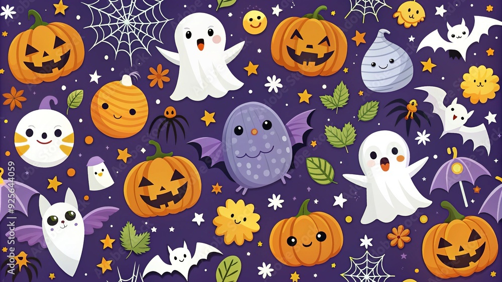 Adorable Halloween illustrations of bats, ghosts, spiders, and jack-o-lanterns in vibrant colors and playful patterns, perfect for festive holiday designs and decorations. Adorable Halloween illustrations of bats, ghosts, spiders, and jack-o-lanterns in vibrant colors and playful patterns, perfect for festive holiday designs and decorations.