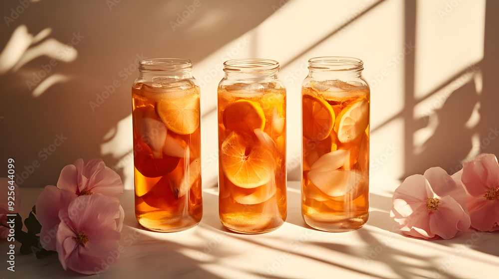 Three jars of iced tea with citrus slices and flowers. Three jars of iced tea with citrus slices and flowers.