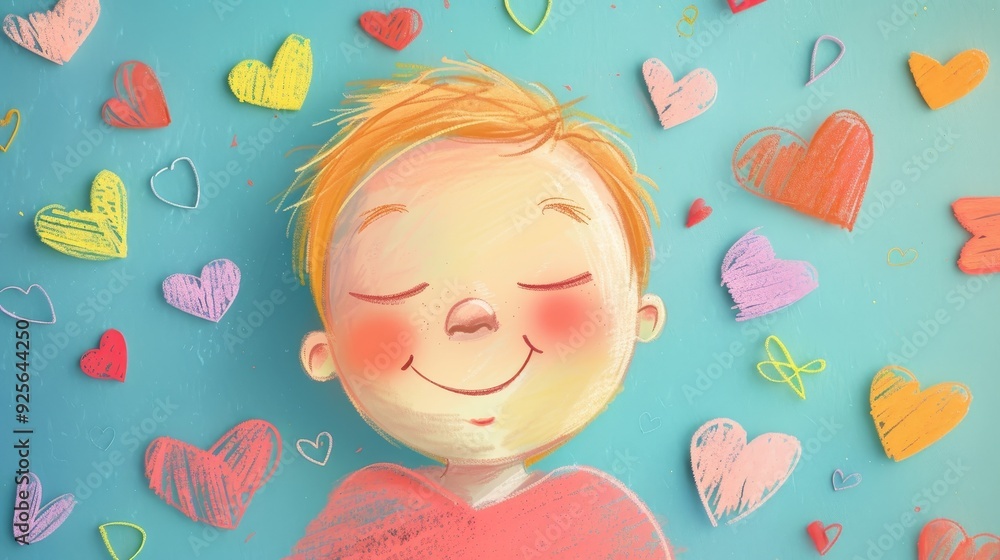 Charming illustration of a happy child surrounded by colorful hearts, representing love, joy, and innocence on a bright blue background.