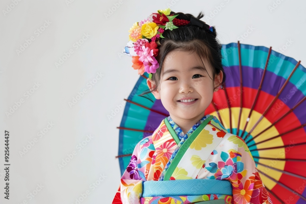 A cute Japanese girl wearing a high-contrast colorful kimono and a random hairstyle poses against a white background. A cute Japanese girl wearing a high-contrast colorful kimono and a random hairstyle poses against a white background.