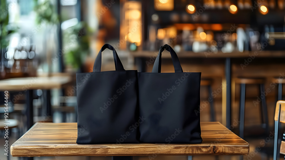 Two black tote bags on a wooden table in a café setting. Two black tote bags on a wooden table in a café setting.