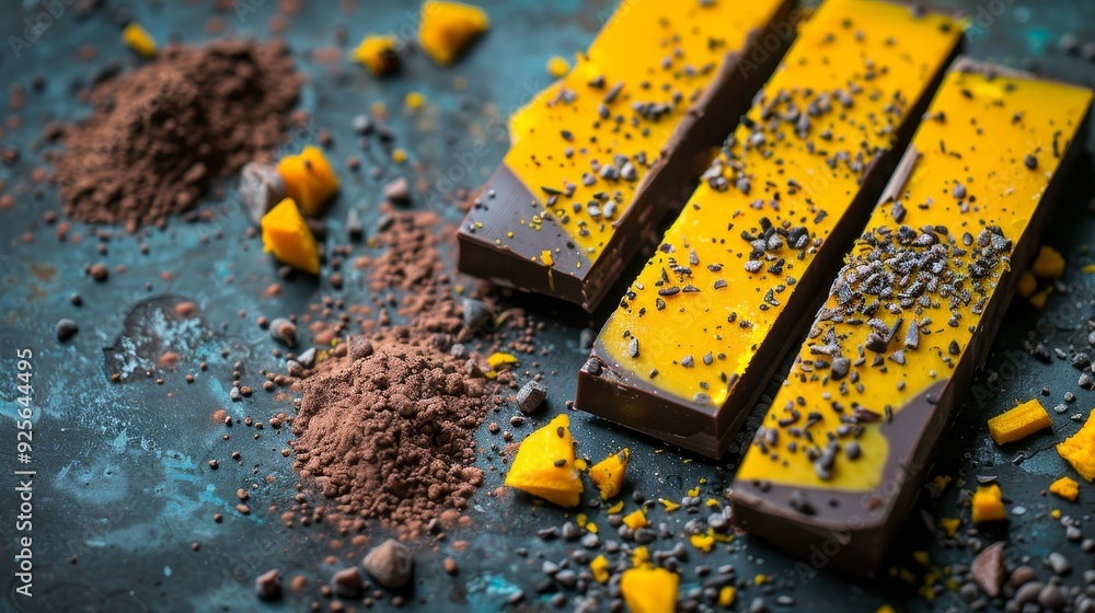 Obraz premium Chocolate Bars with Bright Yellow Filling Decorated with Pumpkin Pieces and Cocoa Powder