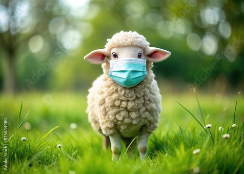 Adorable sheep wears a miniature face mask, standing in a green meadow, symbolizing pandemic precautions and rustic charm in a whimsical rural scene. photo