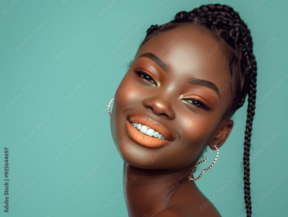 African American woman with a bright smile and braided hair, wearing colorful earrings and eye makeup. The Green background accentuates her glowing skin and joyful demeanor. African American woman with a bright smile and braided hair, wearing colorful earrings and eye makeup. The Green background accentuates her glowing skin and joyful demeanor.