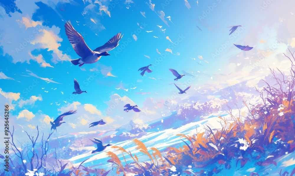 Obraz premium Enchanting Winter Wonderland: AI-Generated 4K Anime-Style Aerial View of Migrating Geese over Snowy Landscape with Winter Jasmine. Magical Frost Kingdom featuring Vibrant Blue Sky and Delicate Blossom