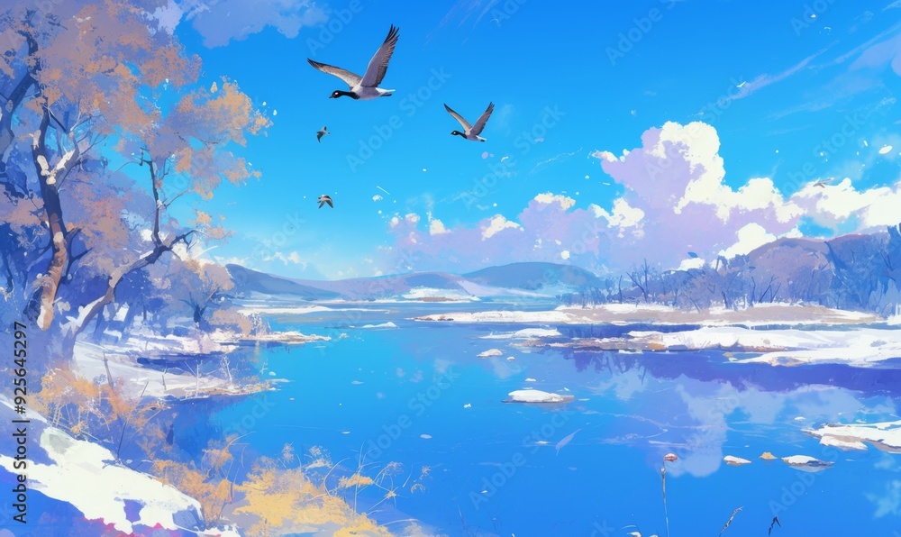 Naklejka premium Enchanting Winter Wonderland: AI-Generated 4K Anime-Style Aerial View of Migrating Geese over Snowy Landscape with Winter Jasmine. Magical Frost Kingdom featuring Vibrant Blue Sky and Delicate Blossom