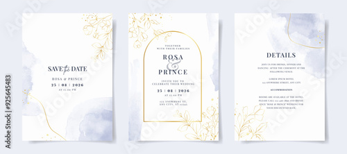 Beautiful watercolor and gold leaves on wedding invitation card template