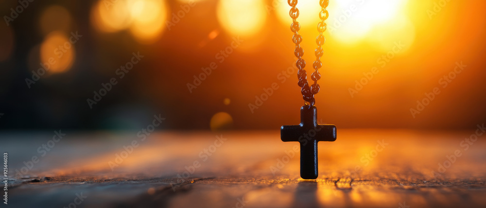 Naklejka premium Close-up of a cross pendant against a glowing sunset backdrop, symbolizing faith, spirituality, and serenity captured in a serene moment.