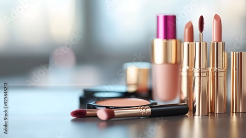 Glamorous Makeup Essentials Arranged Neatly on Vanity Table with Copy Space for Beauty Blog or Cosmetics Advertisement