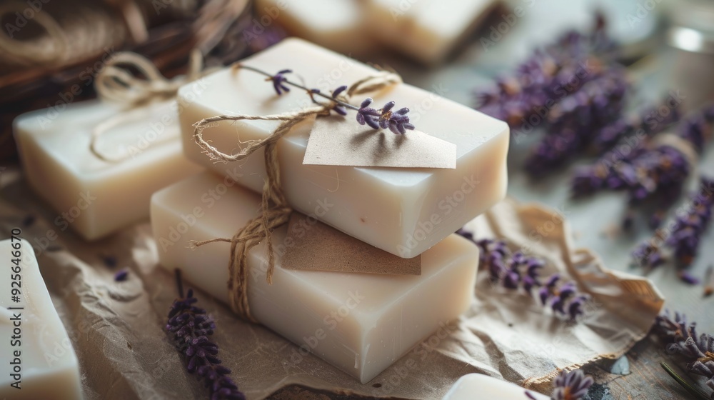 Handmade Lavender Soap Bars Wrapped in String. Handmade Lavender Soap Bars Wrapped in String.
