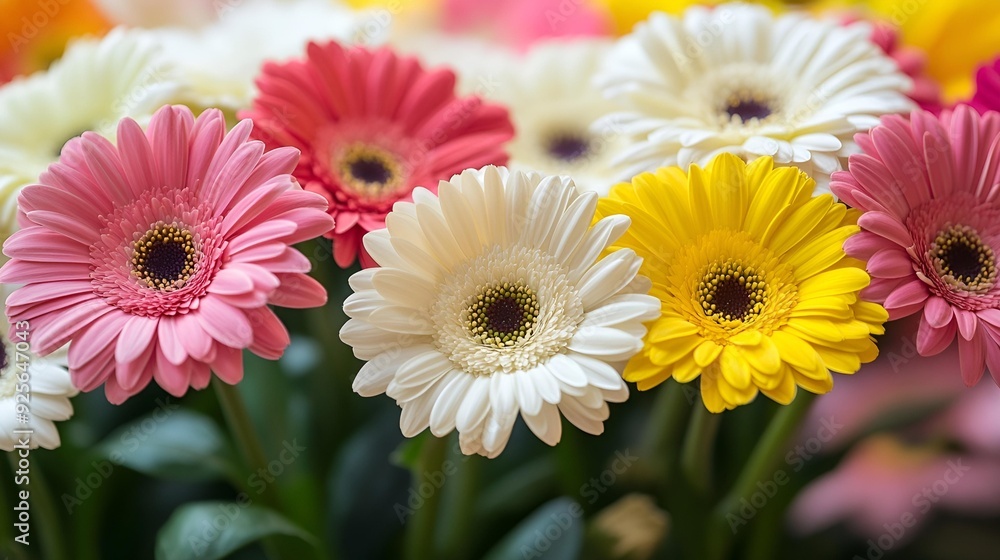Vibrant red and yellow gerbera daisies burst with color, showcasing nature's floral beauty Vibrant red and yellow gerbera daisies burst with color, showcasing nature's floral beauty