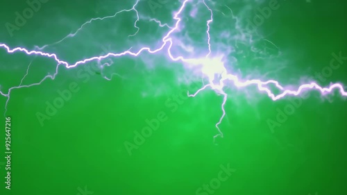 Animation of abstract blue lightning flash bolt or thunderbolt effect on green screen background ready for use in chroma key. Heavy storm with shining lightnings. Magic power blast storm photo