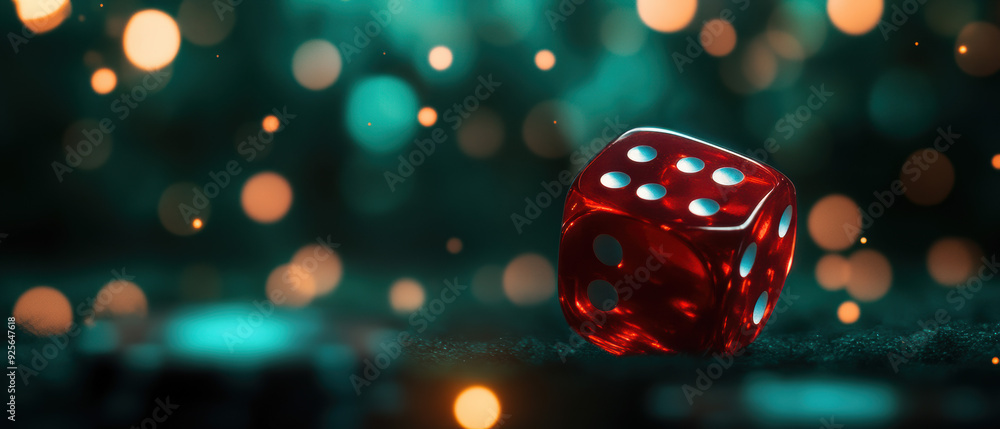 Close-up of a red dice on a dark, blurred background with colorful bokeh lights, capturing a moody and vibrant atmosphere. Close-up of a red dice on a dark, blurred background with colorful bokeh lights, capturing a moody and vibrant atmosphere.