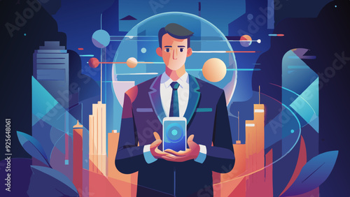 a businessman  with holding digital virtual hologram Earth, finance statistics, business data, representing global technologies concept