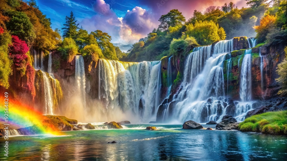 Obraz premium Cascading Waters and Rainbow's Embrace: Vibrant, Majestic, Rainbow Hues, Waterfall Symphony, Colorful Cascade