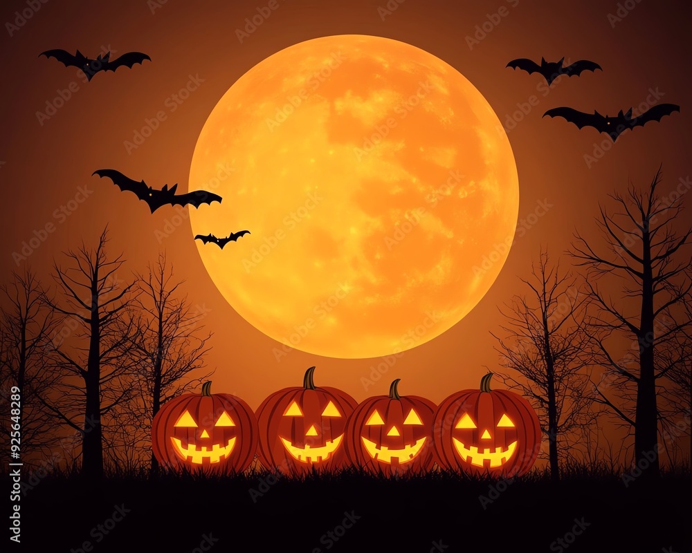 Fototapeta premium A spooky Halloween scene with glowing pumpkins under a full moon and bats flying in the dark sky.