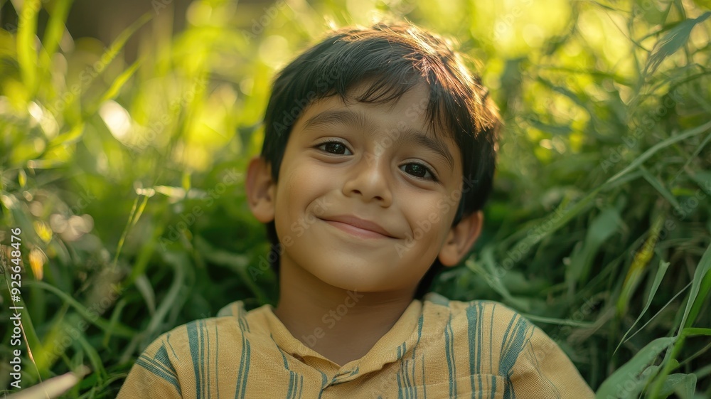 Young boy with short dark hair lying on grassy field, smiling warmly in sunlight Young boy with short dark hair lying on grassy field, smiling warmly in sunlight