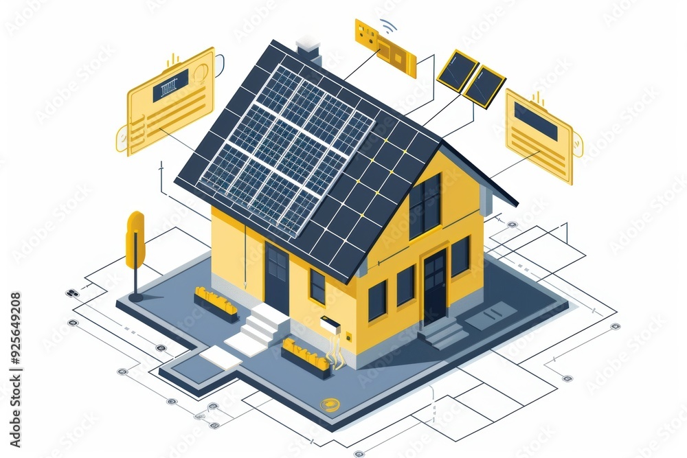 A house with solar panels on the roof and a smart home system. The house is yellow and has a modern design A house with solar panels on the roof and a smart home system. The house is yellow and has a modern design