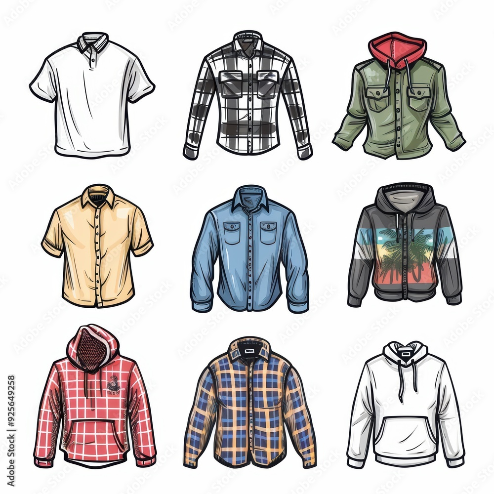 Naklejka premium A collection of clothing items, including a plaid shirt, a hoodie, and a jacket