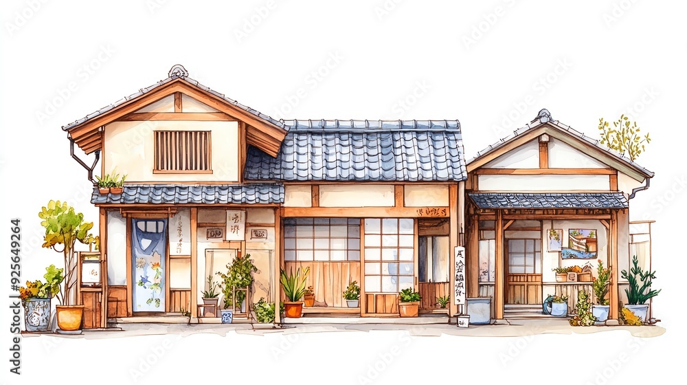 Fototapeta premium Charming traditional Japanese house with unique architecture and vibrant greenery, showcasing cultural heritage and rustic charm.