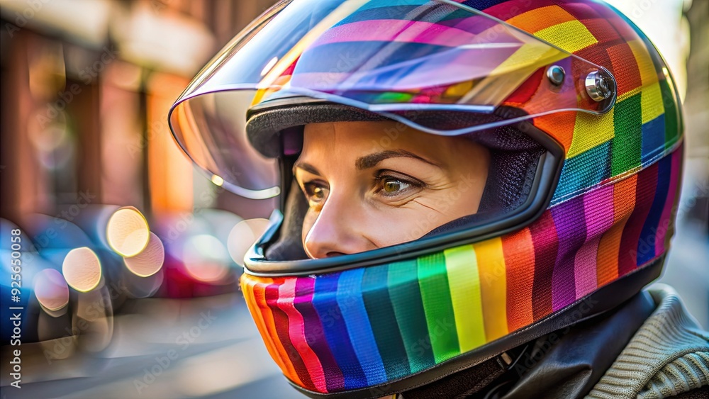 Close-up of a protective helmet worn by a cyclist or motorcyclist, wrapped in a colorful strip of fabric for visibility and personal style. Close-up of a protective helmet worn by a cyclist or motorcyclist, wrapped in a colorful strip of fabric for visibility and personal style.