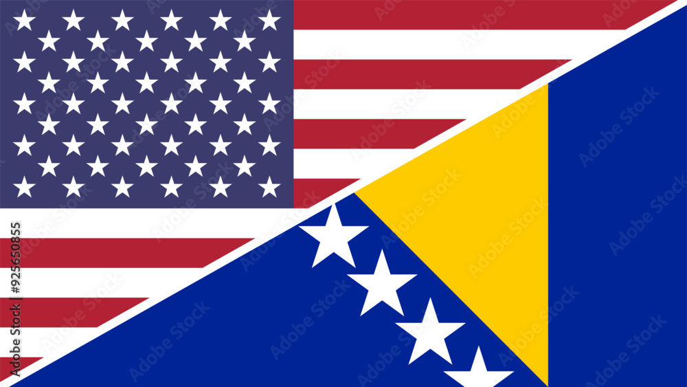 Bosnia and Herzegovina and United States flags combined in a split design vector, symbolizing international relations, global unity, and cultural exchange Bosnia and Herzegovina and United States flags combined in a split design vector, symbolizing international relations, global unity, and cultural exchange