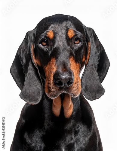 ブラック・アンド・タン・クーンハウンドのポートレート（Black and Tan Coonhound portrait on white background） 