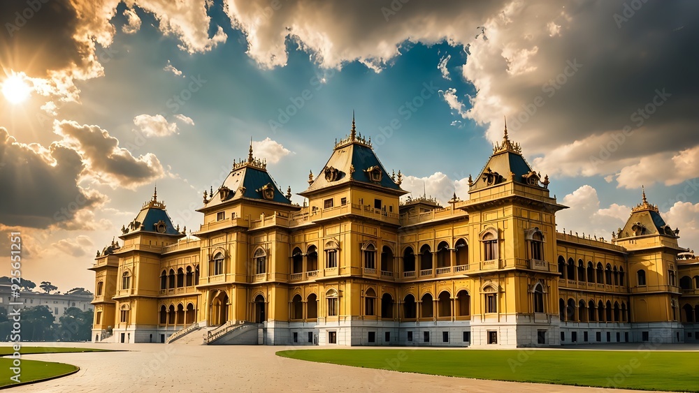Naklejka premium A majestic yellow palace with intricate details and a grand entrance, bathed in the warm glow of a setting sun.